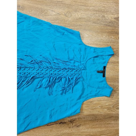 BCBG Maxazria Womens Aqua S Dress Tank Fringe Criss Cross Longer Back 100% Silk - Picture 3 of 7